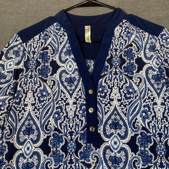 Blue Paisley V-Neck Tunic With 3/4 Sleeves PerSeption Concept Button Womens L - Picture 9 of 11